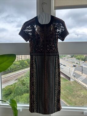 Byron Lars Brown and Black Midi Dress with Teal Accents